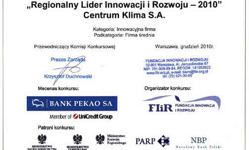 Mazowieckim Liderem Innowacji 2010 roku została firma Centrum Klima